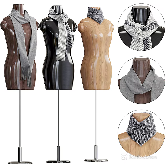 Fashion Mannequins Displaying Knitted Scarves In Black Brown Wooden Textured Stands 3d model 