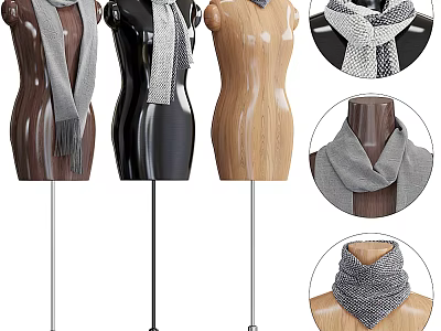 Fashion Mannequins Displaying Knitted Scarves In Black Brown Wooden Textured Stands 3d model