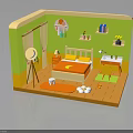 Cozy Bedroom Interior With Green Walls Orange Floor Bed Desk And Shelves