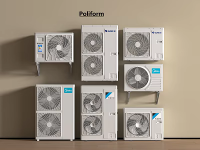 Poliform Display Of Multiple White Daikin Air Conditioner Fans Arranged On Wall With Wooden Floor 3d model