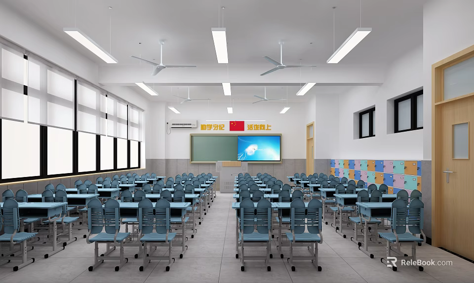 School Classroom With Blue Desks Chairs Blackboard Electronic Screen Windows Ceiling Fans And Colorful Boards 3d model 