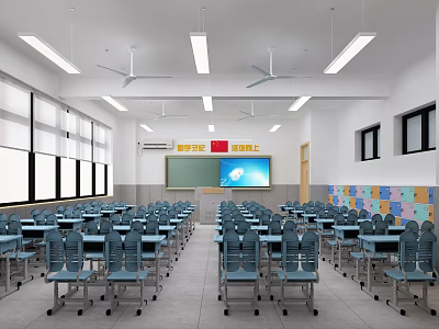 School Classroom With Blue Desks Chairs Blackboard Electronic Screen Windows Ceiling Fans And Colorful Boards 3d model