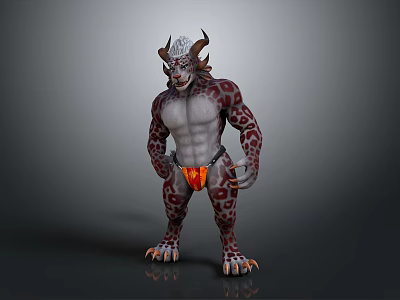 3D Fantasy Creature With Horns White Hair Spotted Skin Muscular Body Red Loincloth And Claws 3d model