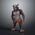 3D Fantasy Creature With Horns White Hair Spotted Skin Muscular Body Red Loincloth And Claws