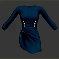 Dark Blue Long Sleeve Dress with Three Rows of Buttons and Pleated Waist
