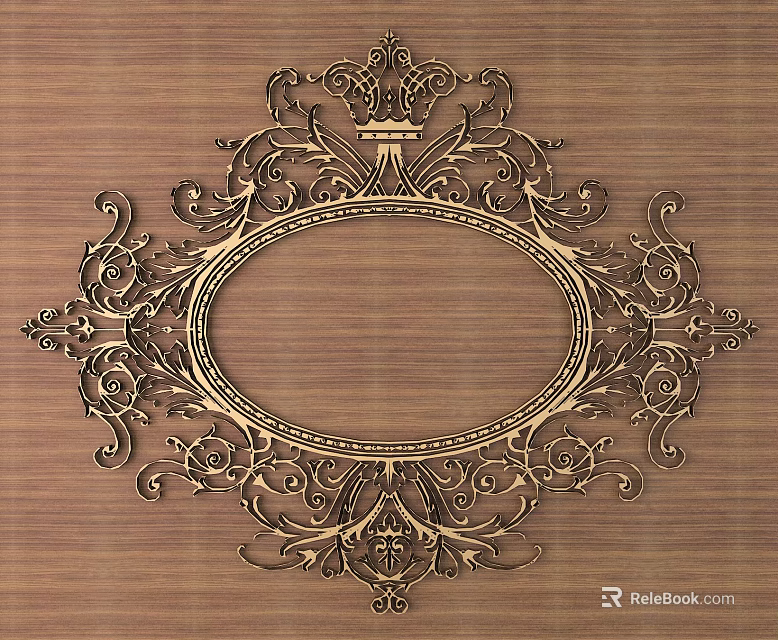 Ornate Golden Carved Design Oval Frame with Intricate Patterns on Wooden Background 3d model 