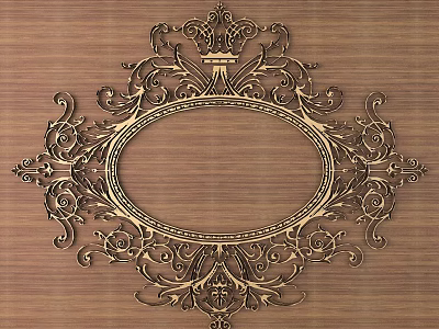 Ornate Golden Carved Design Oval Frame with Intricate Patterns on Wooden Background 3d model