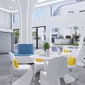 Modern Lounge Interior With White Chairs Yellow Cushions Blue Table Green Plants And Round Lights