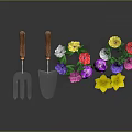 Vibrant Multicolored Flowers With Shovel Rake And Trowel Garden Tools