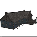 Traditional Ancient Building With Wooden Structure Thatched Roof Blue Wooden Walls And Interior Views