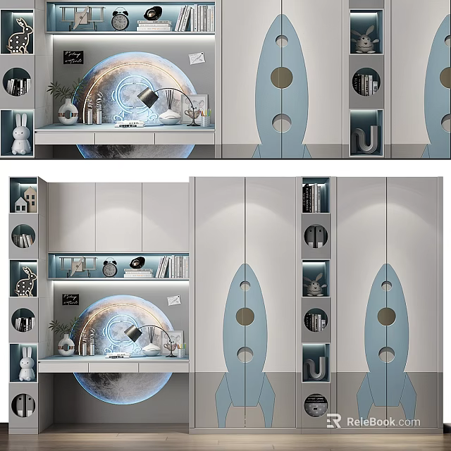 Modern Blue Wardrobe With Rocket Shaped Design Shelves And Storage Lighting 3d model 