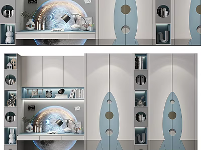 Modern Blue Wardrobe With Rocket Shaped Design Shelves And Storage Lighting 3d model