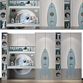 Modern Blue Wardrobe With Rocket Shaped Design Shelves And Storage Lighting 3d model