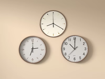 Three Minimalist Wall Clocks With Simple Design Hanging On Beige Wall 3d model