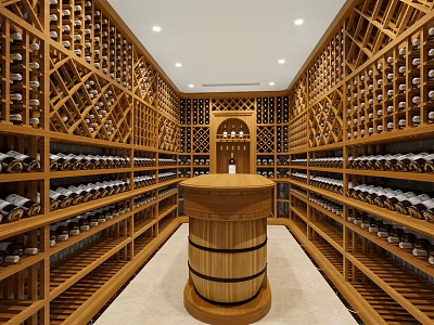 Elegant Wine Cellar Interior With Wooden Racks Arranged Bottles And Central Barrel 3d model