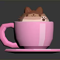 Cute Cartoon Cat Inside Pink Cup With Brown Ears And Blush On Hexagonal Coaster