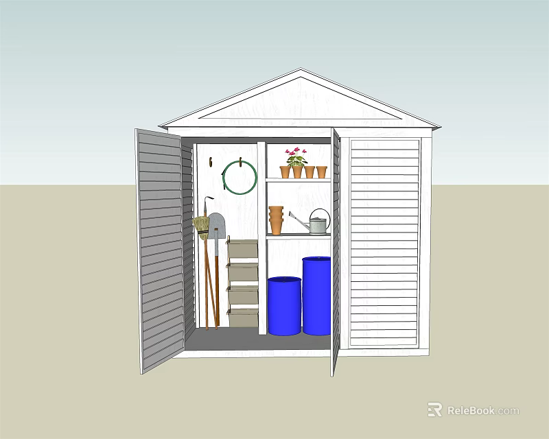 Public Facility Storage Shed Containing Gardening Tools Ladder Bins And Potted Plants 3d model 
