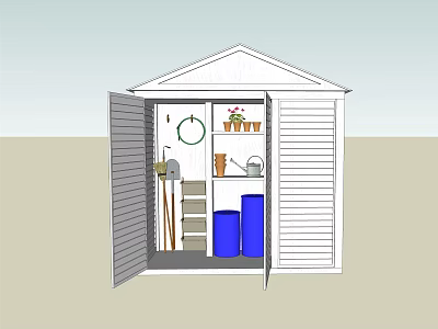 Public Facility Storage Shed Containing Gardening Tools Ladder Bins And Potted Plants 3d model