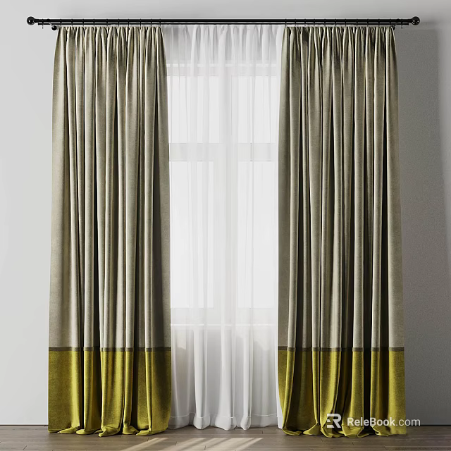 Two Tone Beige And Yellow Curtains With White Sheer For Window Decoration 3d model 