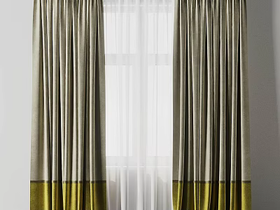 Two Tone Beige And Yellow Curtains With White Sheer For Window Decoration 3d model