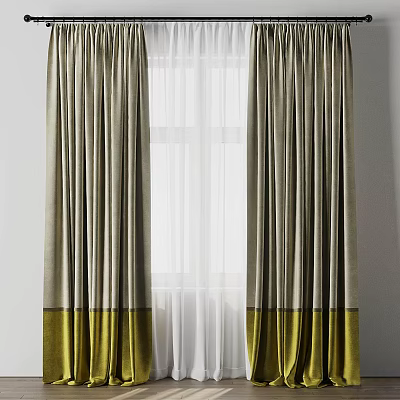 Two Tone Beige And Yellow Curtains With White Sheer For Window Decoration 3d model