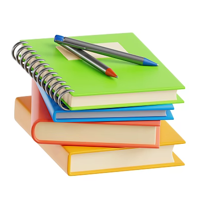 Green Spiral Notebook With Two Pens On Stacked Colorful Books 3d model