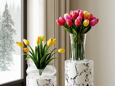Yellow and Pink Tulips in Glass Vases on Marble Pedestals by Window with Snowy Trees 3d model