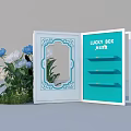 Lucky Box Floral Display with Open White Frame Blue White Flowers and Greenery