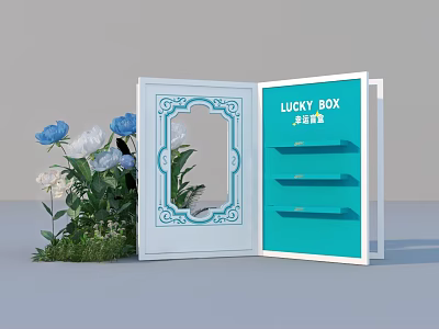Lucky Box Floral Display with Open White Frame Blue White Flowers and Greenery 3d model