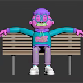 Cartoon Character in Colorful Outfit Sitting on Wooden Bench with Purple Head and Glasses