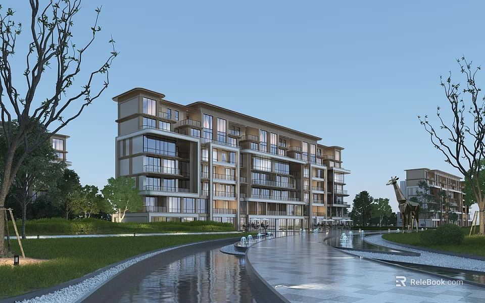 Modern Multi story Residential Building With Large Glass Windows Surrounded By Greenery Water Pathway And Trees 3d model 