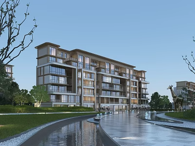 Modern Multi story Residential Building With Large Glass Windows Surrounded By Greenery Water Pathway And Trees 3d model