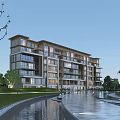 Modern Multi story Residential Building With Large Glass Windows Surrounded By Greenery Water Pathway And Trees