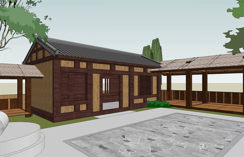 Traditional Chinese Wooden House With Black Tiled Roof Stone Courtyard And Veranda 3d model 