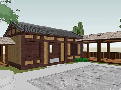 Traditional Chinese Wooden House With Black Tiled Roof Stone Courtyard And Veranda 3d model