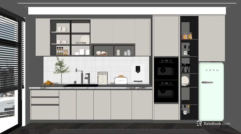 Modern Kitchen With Light Gray Upper Lower Cabinets Open Shelves And White Countertop 3d model