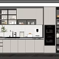 Modern Kitchen With Light Gray Upper Lower Cabinets Open Shelves And White Countertop 3d model
