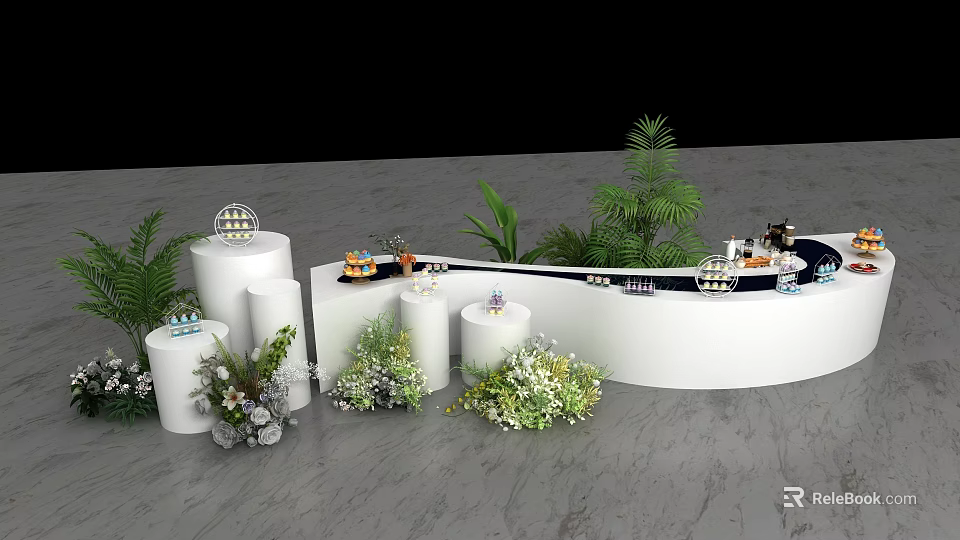 Tea Break Area With White Curved Counter Green Plants And Decorative Flowers 3d model 