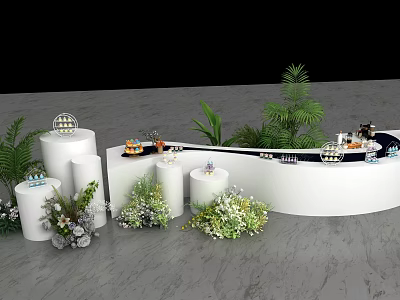 Tea Break Area With White Curved Counter Green Plants And Decorative Flowers 3d model
