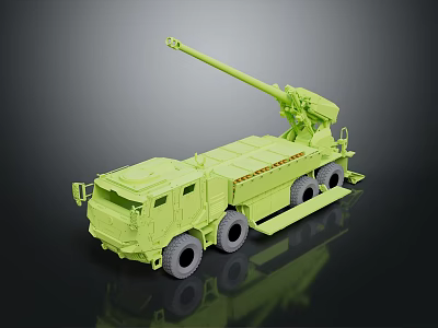 Green Military Vehicle With Cannon Mounted On Heavy Duty Truck Chassis And Multiple Wheels 3d model