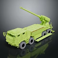 Green Military Vehicle With Cannon Mounted On Heavy Duty Truck Chassis And Multiple Wheels