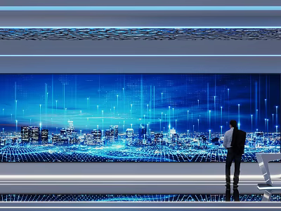 Person Standing Before Large Digital Screen With Blue City Night View And Network Lines 3d model