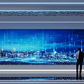 Person Standing Before Large Digital Screen With Blue City Night View And Network Lines