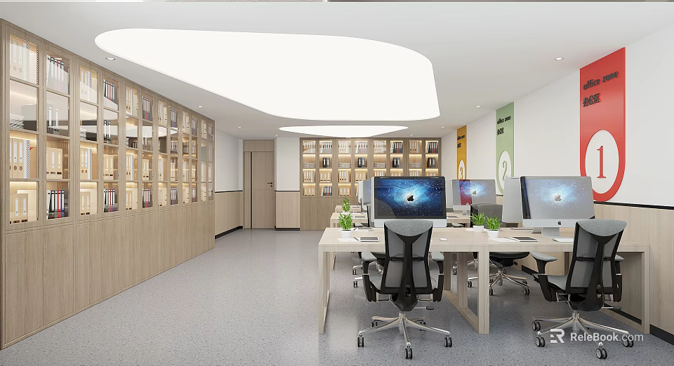 Modern Public Office Space Interior With Wooden Bookshelves Tables Computers Chairs And Plants 3d model 