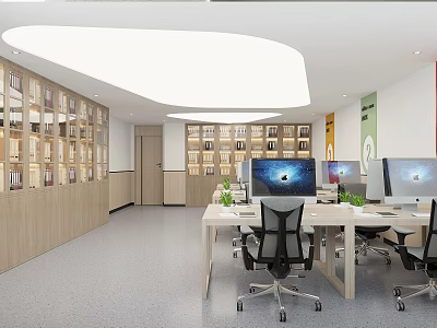 Modern Public Office Space Interior With Wooden Bookshelves Tables Computers Chairs And Plants 3d model