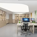 Modern Public Office Space Interior With Wooden Bookshelves Tables Computers Chairs And Plants