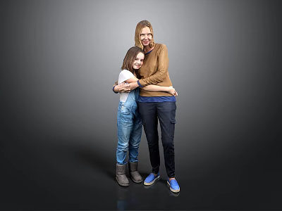 A Woman Hugging Her Child In Blue Overalls Against Gray Background 3d model