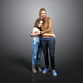 A Woman Hugging Her Child In Blue Overalls Against Gray Background