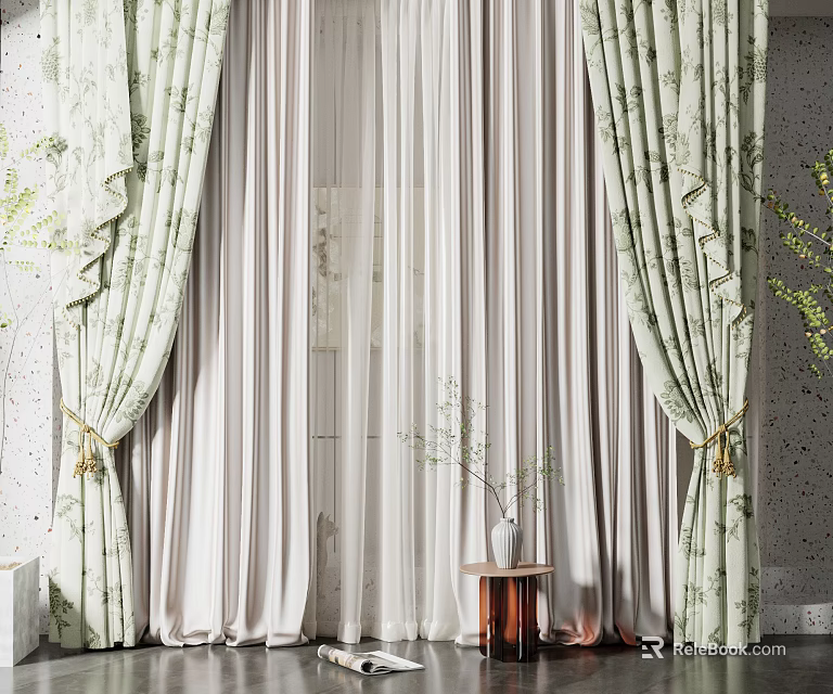 Light Green Floral Curtains With White Sheer Panels Tied Ropes And Small Table Plant 3d model 