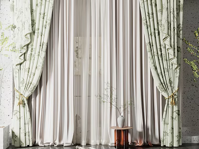 Light Green Floral Curtains With White Sheer Panels Tied Ropes And Small Table Plant 3d model